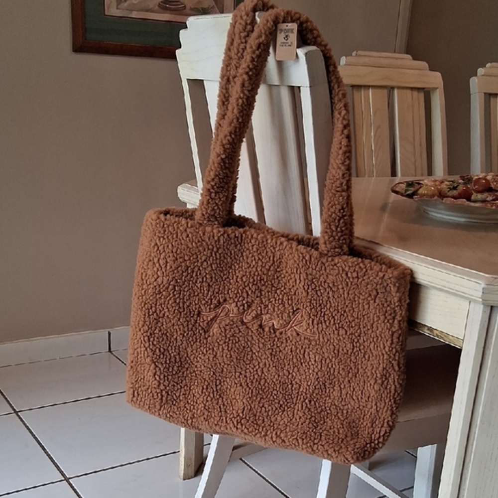 PINK Victoria's Secret Cozy Plush Tan Tote Bag with Spacious Design. NWT.